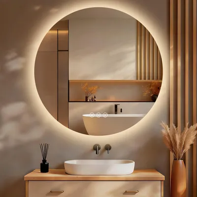 Imagen del producto de Espejo de baño con iluminación, forma redonda, 80 cm de diámetro. Espejo LED "S'AFIELINA", con regulador de intensidad, 3 tonos de luz, función anti-vaho, control táctil, función de memoria, clasificación IP65 (resistente al agua), ideal para baño
