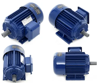 A collage of four images showing different angles of a blue electric motor.