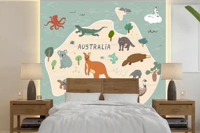 Produktbild von Kinder-Fotobehang Weltkarte mit Tieren, Australien, blau, 350 cm x 350 cm