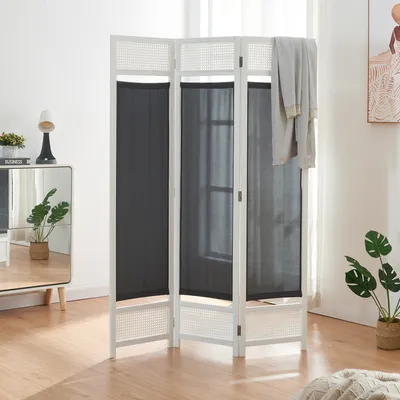 A room divider is shown in a well-lit room with a mirror and a plant in the background.