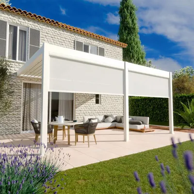Produktbild von Bioklimatische Aluminium-Anlehnpergola mit 2 Markisen à 2,65 m – Weiß ELIOS, 5,3 × 3,6 m