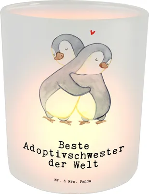 Produktbild von Mr. & Mrs. Panda Windlicht Glas Pinguin Beste Adoptivschwester der Welt - Transparent - Geschenk, tischlicht, Schwesterherz, Outdoor, aus, Geschwister, Familie, Sister