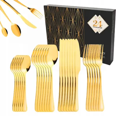 Produktbild von Edelstahl Besteckset gold 24 teilig für 6 Personen, Löffel Gabeln Messer und Teelöffel für Tisch, Reise und tägliche Nutzung