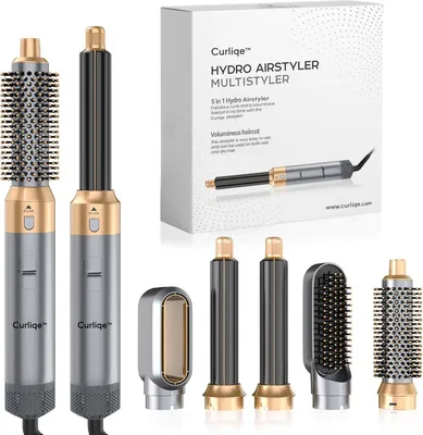 Image de Curliqe™ : Brosse soufflante – Airstyler – Brosse à boucles – Bigoudis – Multistyler 5 en 1 – Gris et or