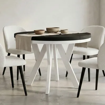 Image de Table ronde à rallonges pour la salle à manger, PERO avec un piètement à anneaux, style loft, scandinave, diamètre : 90 / 140 cm, couleur : noir / blanc