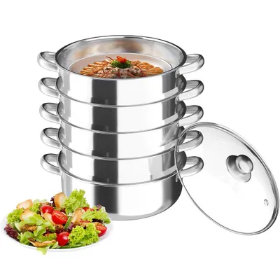 Obrázek produktu pro 30cm nerezový parní hrnec s 5 patry, multifunkční parní hrnec s odvětrávaným skleněným víkem, parní hrnec z nerezové oceli