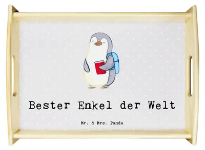 Produktbild von Mr. & Mrs. Panda betttablett Pinguin Bester Enkel der Welt - Grau Pastell - Geschenk, Taufe, Enkelkind, Oma, Opa, Tablett, Holztablett, Geschenkidee, Bett-Tablett