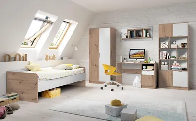 Produktbild von Jugendzimmer Karla 5 teilig in Artisan Eiche und Weiß Kinderzimmer Komplett Set mit Kleiderschrank, Jugendbett 90x200cm, Schreibtisch, Wandregal, Büch