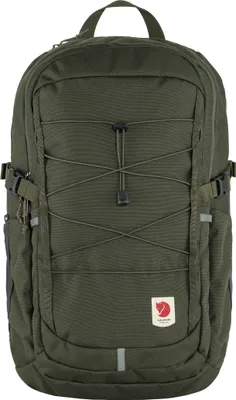 A front view of a green backpack against a white background.
