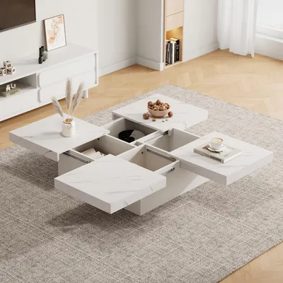 Produktbild von Weißer Couchtisch, Marmoroptik, quadratisch, 4 Schubladen