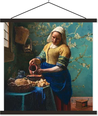 Produktbild von MuchoWow® Textilposter Milchmädchen - Mandelblüte - Van Gogh - Vermeer - Gemälde - Alte Meister 120x120 cm mit schwarzem Rahmen - Aufhängungsset