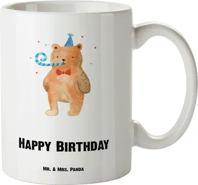Produktbild von Mr. & Mrs. Panda steingut tasse Bär Geburtstag - Weiß - Geschenk, Glückwunsch, Happy Birthday, Teddy, Pott, Kaffeepott, mit henkel, Große Keramiktasse, Teebecher, Haferl