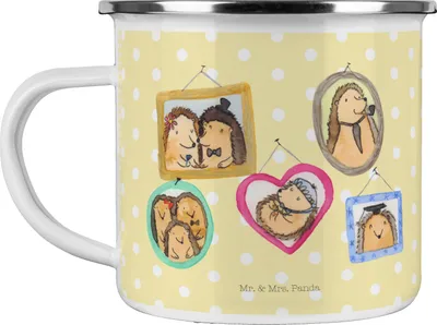 Produktbild von Mr. & Mrs. Panda Pott Igel Familie - Gelb Pastell - Geschenk, Outdoor Becher, Mama, emaille, Liebe, emaillebecher, Bilder, Muttertag, Bruder, Teetasse