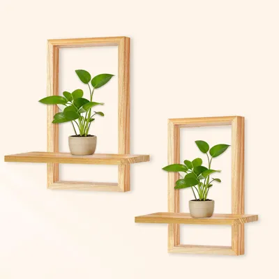 Produktbild von 2 Wandregale aus Holz, moderner Boho-Stil, schwebendes Holzregal, Hängeregal im Bohème-Stil, Ausstellungsregale für Hängepflanzen und Fotos, für Wohnzimmer und Badezimmer (helle Farben)