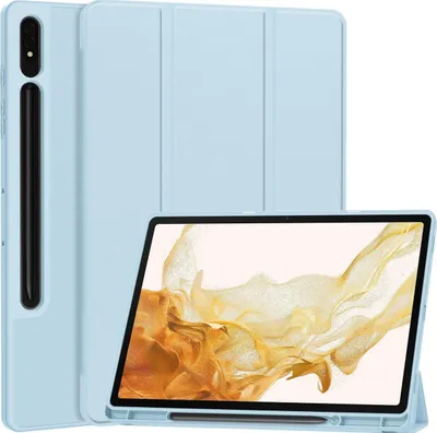 Produktbild von Mobigear Dreifach-Faltetui aus Gel für Samsung Galaxy Tab S9 Plus, TPU-Hülle, Klappetui aus Kunstleder + Stifthalter - Blau