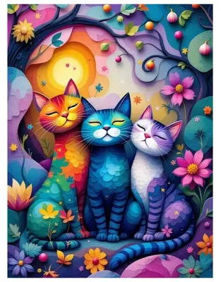 Image de Kit de peinture diamant - Motif : Amis des chats colorés - Kit de mosaïque DIY pour décoration murale - 30x40 cm