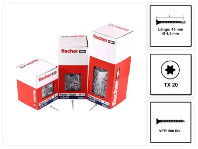 Produktbild von Fischer Power-Fast II FPF II Spanplattenschraube 4,5x45 mm 500 Stück ( 670263 ) Senkkopf mit Torx Vollgewinde galvanisch verzinkt, blau passiviert