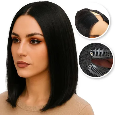 Produktbild von SassyGoods Perücke V-Part Haarteil 100 % Echthaar Remy Human Hair Wig – Schwarze Damenperücke Bob – 1B Schwarz – 55 cm