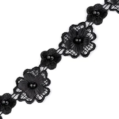 1m Seidenblüten mit Perle Spitzenborte schwarz