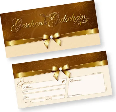 Two gift certificates with a decorative design and gold ribbon.
