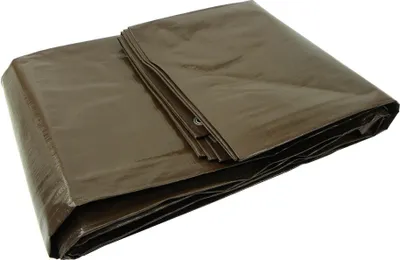 A folded brown tarp is shown against a white background.