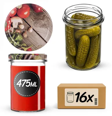 Produktbild von KADAX Einmachgläser 475ml mit Ø 82 mm Schraubdeckel, Marmeladengläser, Schraubgläser zum Einkochen, Einmachen und Aufbewahren von Marmelade & Honig (Champignon und Knoblauch, 16 Stück)