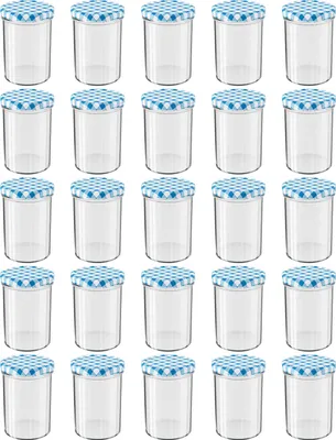 Produktbild von WELLGRO Einmachgläser mit Schraubdeckel - 435 ml, 8,5 x 12 cm (ØxH), Glas / Metall, blau karierte Deckel To 82, Gläser  Germany, verschiedene Mengen wählbar