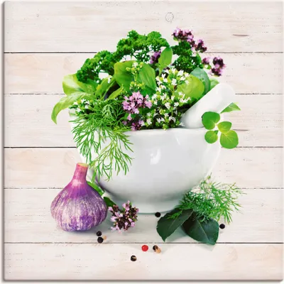 Produktbild von ARTland Leinwandbild Heilkräuter auf weißem Hintergrund Küche Größe: 50x50 cm