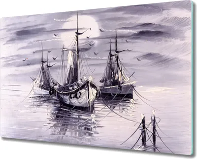 Produktbild von Coloray Küchenbrett Kochplattenabdeckung Hackbrett Schneidebrett Herdabdeckplatte 80x52 cm - Mond Nacht Seeschiffen