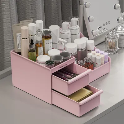 Produktbild von Schminkorganizer mit Schubladen, Aufbewahrungsbox für Schminktische, Organizer für Schlafzimmer und Badezimmer, großer Schminkorganizer (rosa)