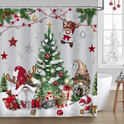 Obrázok produktu pre Omgoods - Vianočné gnomíky, záves do kúpeľne, 180x180 cm, vodotesný a umývateľný
