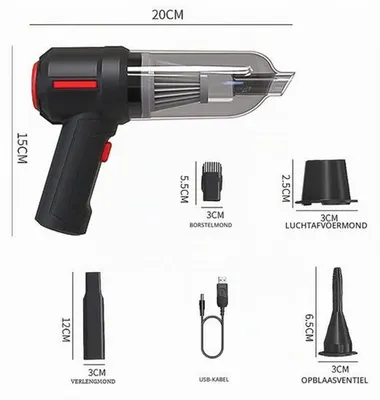 Productafbeelding van 3-in-1 elektrische autostofzuiger, 120 W, handstofzuiger, 9000 Pa, 4000 mAh batterij, inclusief 5 accessoires, voor pc, laptop, toetsenbord, auto