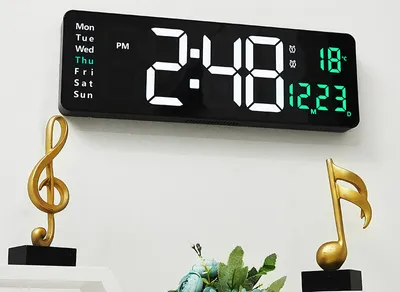 Obrázok produktu pre Veľké digitálne nástenné hodiny LED, diaľkové ovládanie, teplota, dátum, týždenný displej, pamäťová tabuľka, montáž na stenu, dva elektronické budíky, 16 INCH, zelená farba