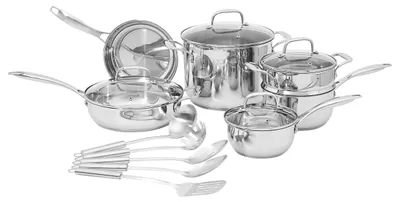 Immagine prodotto di Set di pentole e accessori da cucina Basics, acciaio inossidabile, 15 pezzi, composto da pentole, padelle e utensili da cucina
