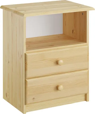 A wooden nightstand with two drawers and an open shelf.