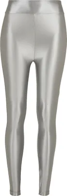 A pair of silver metallic leggings shown from the front.