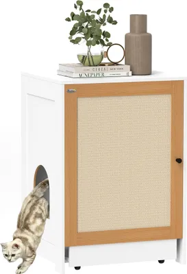 Image de Meuble à litière - Armoire à litière - Bac amovible - Compartiments - Tapis à griffer - 57 x 50 x 80,5 cm - Blanc et chêne