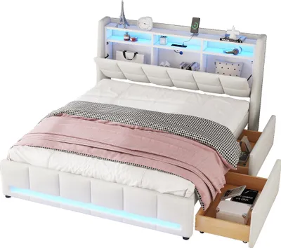 Produktbild von Stauraumbett mit LED-Beleuchtung, USB-Anschlüssen und Schubladen, 140x200 cm, Doppelbett, Leinen