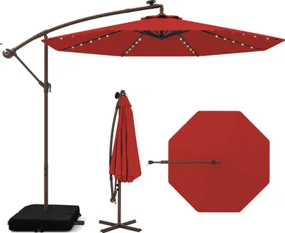 Image de COSTWAY Parasol ampli avec sacs de sable, Ø300cm Parasol avec 40 LEDs solaires et manivelle, Parasol de jardin protection UV rouge