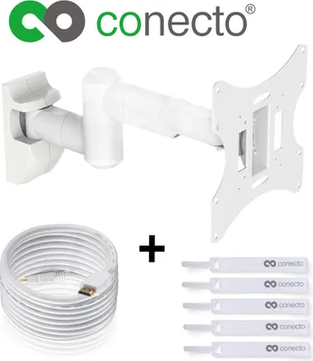 Produktbild von conecto LCD LED TV Fernseher Wandhalterung neigbar, schwenkbar und ausziehbar für 10-42 Zoll, weiß, inkl. GRATIS HDMI-Kabel und Klett-Kabelbinder