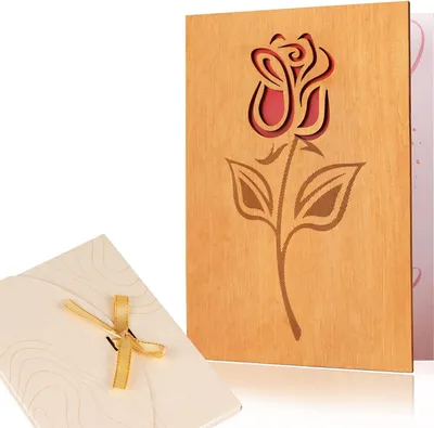 Produktbild von 3D Grußkarte aus Holz mit Umschlag Rose - Blumengrußkarte Glückwunschkarte Geschenkkarte