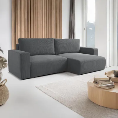 Produktbild von Ecksofa MIA, Wohnzimmer, modernes Schlafsofa Sofa 4-Sitzer Sofa freistehendes Polstersofa Bettkasten 247 cm universelle Ottomane Grau Poso 34
