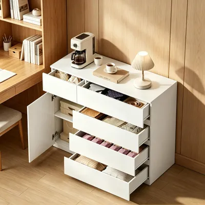 Produktbild von Moderner Kš¹chenschrank Wei? 5 Schubladen & 1 Schranktš¹r 3-fach Verstellbarer Einlegeboden Sideboard aus E1-Holzwerkstoff Grifflose Anrichte fš¹r Esszimmer