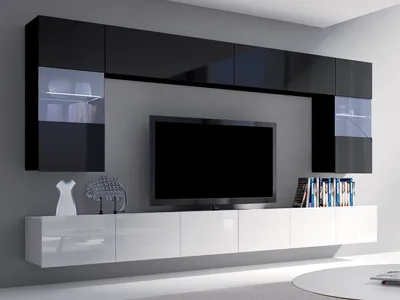 Produktbild von Moderne Wohnwand CALABRINI-1 Wohnzimmer-Set Hängewohnwand Schrankwand mit LED-Beleuchtung Hochglanz TV-Schrank Anbauwand (Schwarz + Weiß)