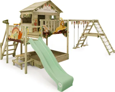A wooden children's playground set with a house, slide, swings, and climbing ladder, decorated with Lion King characters.