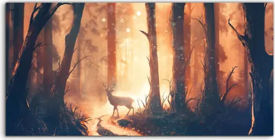 Produktbild von Coloray Glasbild 140x70  Wandbild Glasbilder Landschafts wald Hirsch im warmen Wald