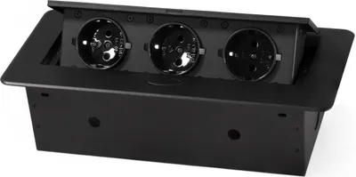 A black, three-socket, pop-up electrical outlet unit is shown against a white background.
