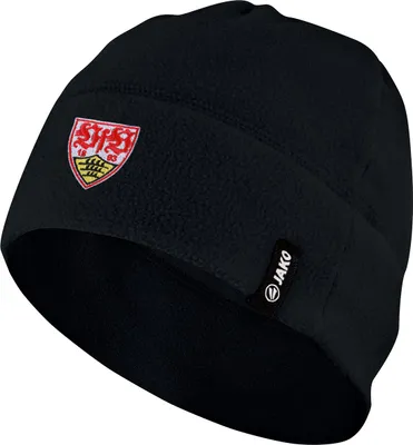 A black fleece beanie with a team logo and a brand tag.