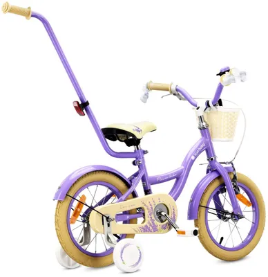 Zdjęcie produktu dla Rower dla dziewczynki 14 cali pchacz kółka boczne Flower Bike lawendowy