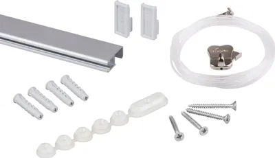 A collection of picture hanging hardware components laid out on a white background.
